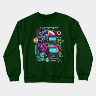 A piece that incorporates both retro and futuristic elements, such as robots and neon colors with a vintage twist. Crewneck Sweatshirt